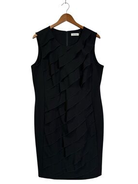 Calvin Klein Size 14 Black Sleeveless Tiered Ruffle Front Sheath Dress